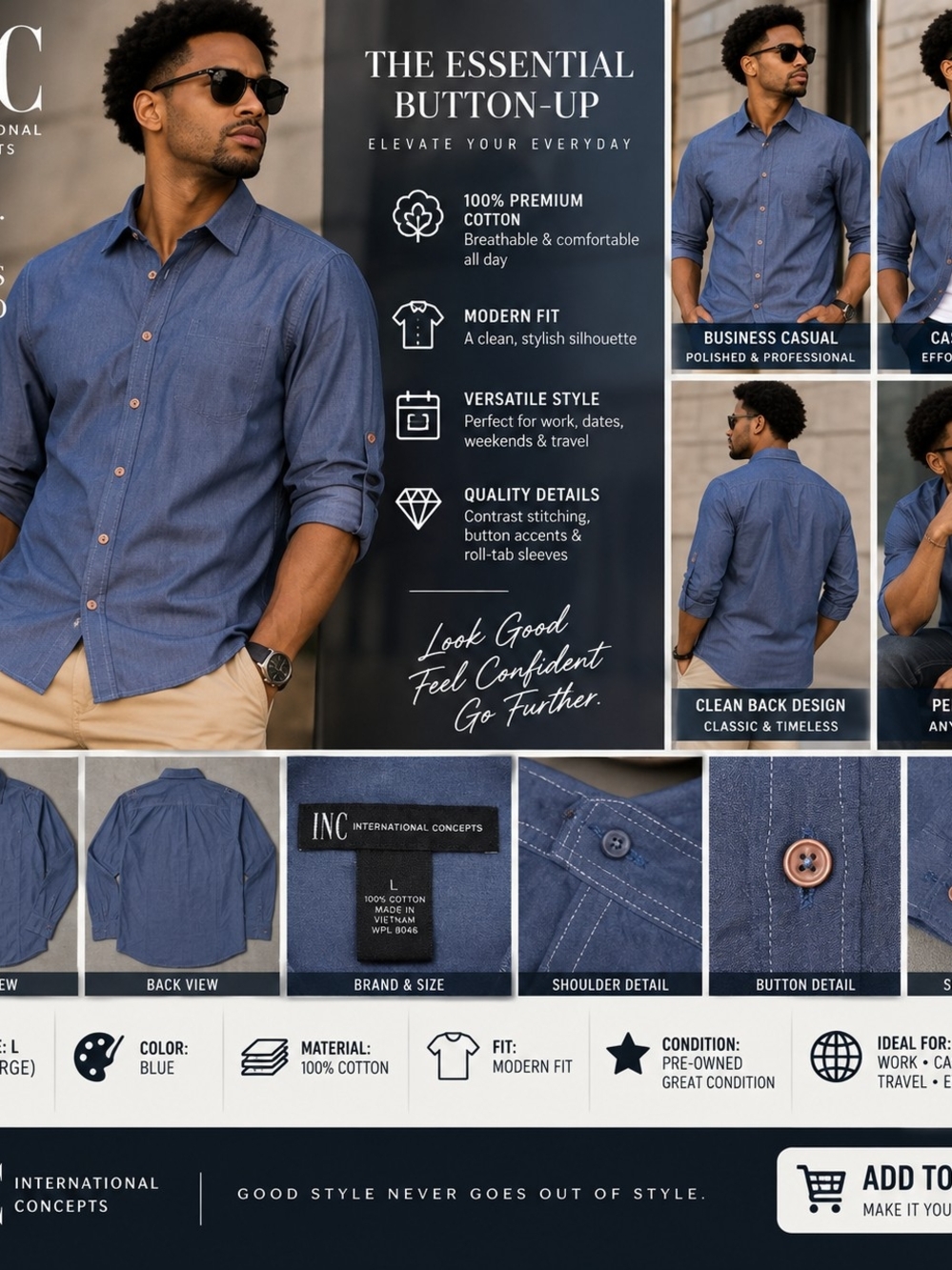 INC International Concepts Blue Modern-Fit Denim-Style Button Up Shirt